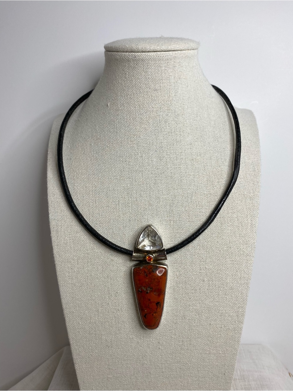 Red Jasper 925 Sterling Silver & Clear Quartz Artisan Pendant Necklace